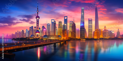 Shanghai skyline at dusk, in the style of mountainous vistas, light teal and magenta, urban signage, kintsugi, sunrays shine upon it, terraced cityscapes, light yellow and green photo