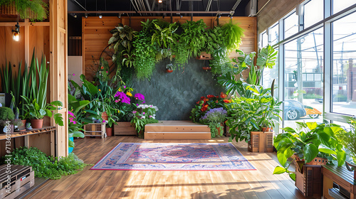 Exuberante vegetação e flores coloridas cercam um estúdio de ioga sereno criando uma atmosfera pacífica e rejuvenescedora photo