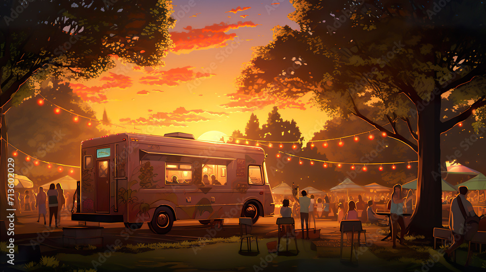 food truck at street festival in park at sunset, crown of people eating at fest in evening food truck at street festival in park at sunset, crown of people eating at fest in evening