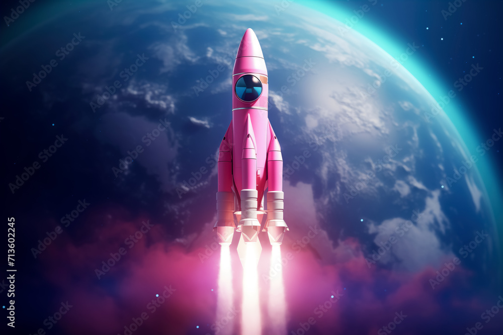 Fototapeta premium Fantastic Cartoon Pink Spaceship Flies in Outer Space. Concept for Celebrating Cosmonautics Day. Space Exploration, Satellite Launch, Flight to the Moon.