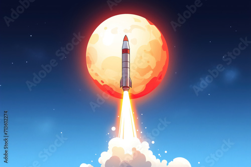 Cartoon Space Rocket Takes Off into Space against the backdrop of the Planet. Concept for Celebrating Cosmonautics Day. Space Exploration, Satellite Launch, Flight to the Moon.