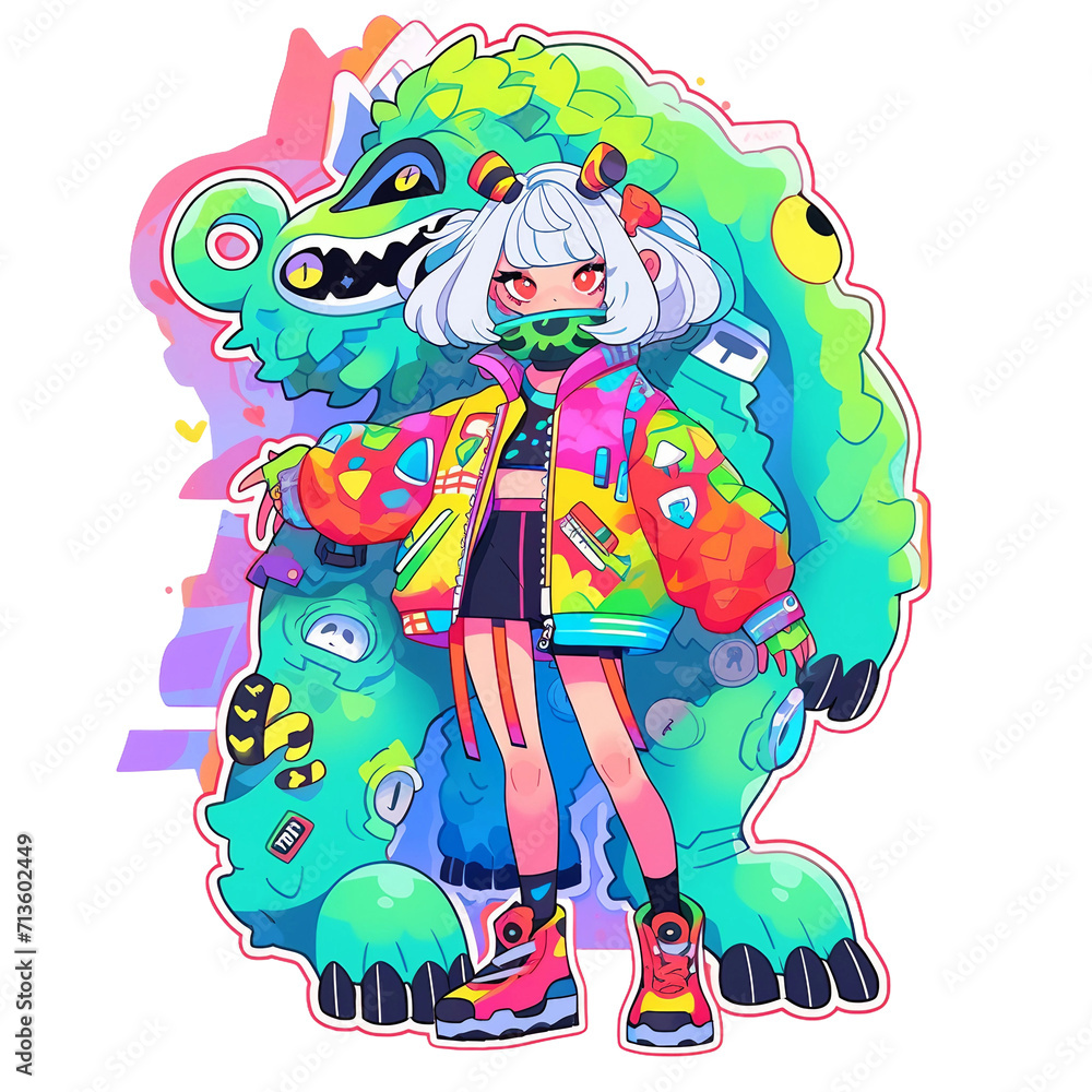 Fototapeta premium Anime hip-hop sticker, dragon on the beach