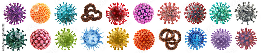 Set of different types of virus and molecule colorful shapes over isolated transparent background - obrazy, fototapety, plakaty 