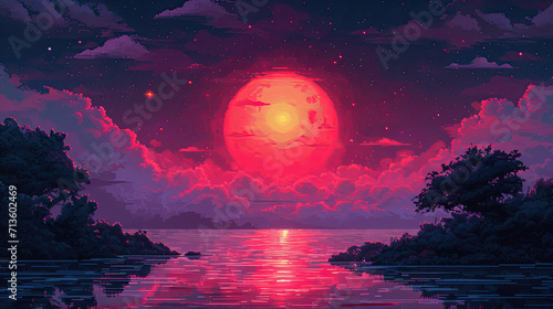 A sunset on a retro background, 1980's style pixel art scene