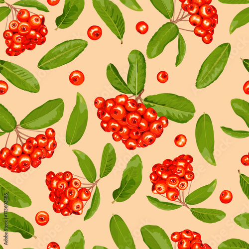 Seamless pattern of pyracantha fruits and leaves on a beige background 