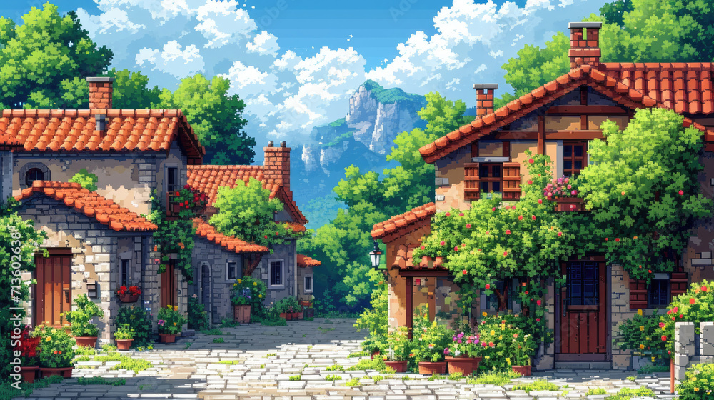 A retro gamer themed scenic background in a pixel art style