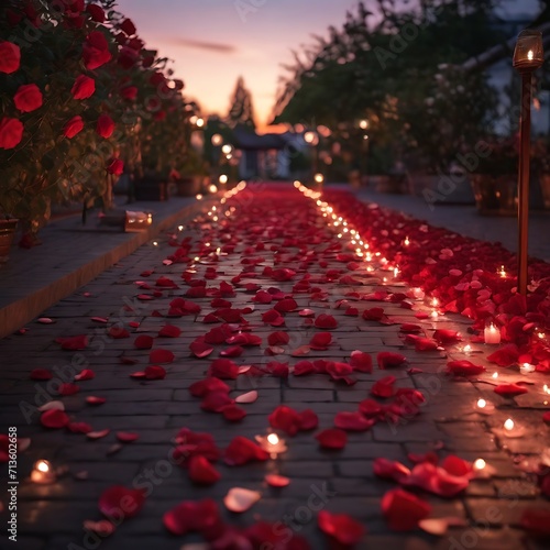 An elegant and atmospheric scene with a pathway illuminated by soft lanterns, complemented by the presence of red rose petals. Generative AI © Authentic Palace 