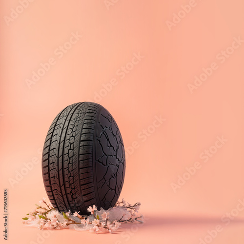 An egg-shaped car tire isolated on seamless pinkish-orange background. Decorated with blossoming twigs. Minimalistic Easter concept