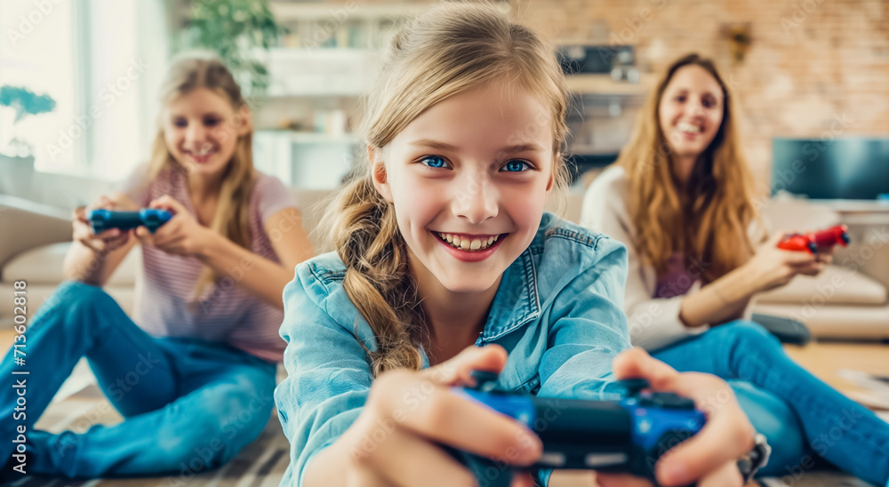Obraz premium Excited friends playing video games over console at home. 