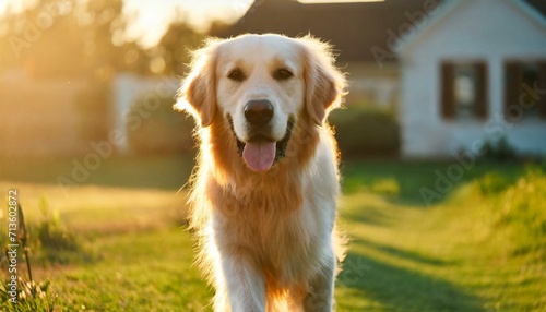 Pet dog outside, golden retriever on yard, sunny day, joyful animal