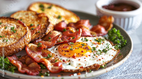 Full breakfast plate with sunny-side-up eggs, bacon, and toast, garnished with parsley