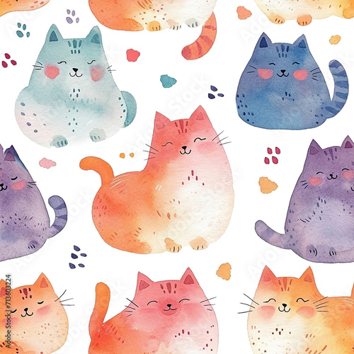 cute pastel watercolor illustration of cats, seamless pattern