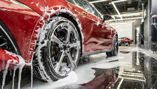 Sport red car in washing service with soap foam © Olga