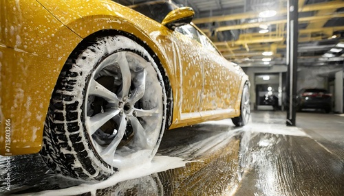 Sport yellow car in washing service with soap foam © Olga
