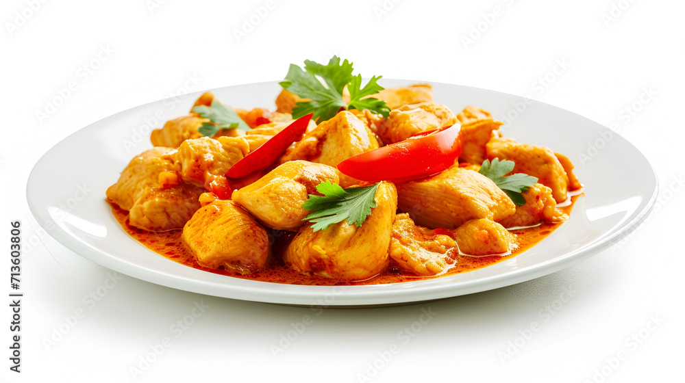 A plate of chicken curry isolated on white background, minimalist style, studio photography, award-winning photography A plate of chicken curry isolated on white background, minimalist style, studio photography, award-winning photography