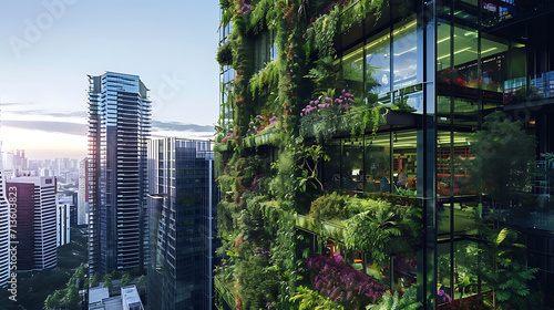 Exuberante vegetação verde caindo pelas laterais dos lustrosos arranha-céus de vidro cria um forte contraste entre o natural e o urbano