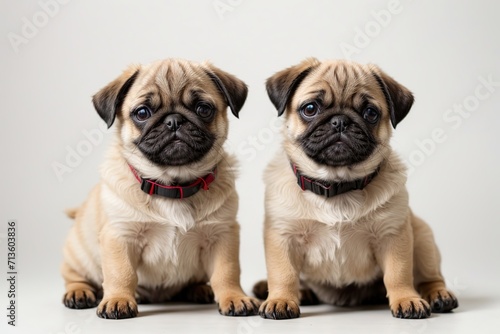 Dos cachorros pug sobre fondo blanco  mirando a c  mara