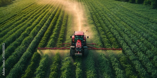aerial view of a tractor distributing pesticide in a field, a crop farmer in the field with truck 