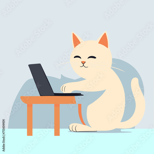 A white cat is sitting at a table, slightly hunched over, as it attentively uses a laptop computer. The cats paws are delicately typing on the keyboard, with its eyes focused on the screen.