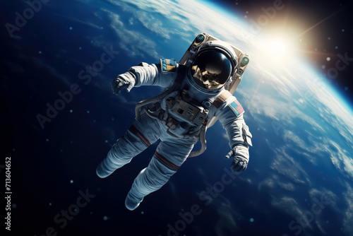 Astronaut spaceman do spacewalk while working for space station in outer space. Man in a spacesuit in outer space. Science fiction fantasy. Cosmonautics day concept.  © Anastasia Boiko