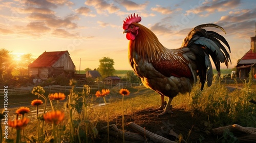 Fotografia Colorful Hen in a Charming Rustic Farmyard Amidst a Playful Group of Curious Gos