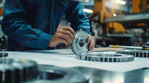 Maintenance engineer working on desk and pointing gears graphic signifies maintenance or inspection of machinery according to service intervals periods and corrective and preventive maintenance photog photo