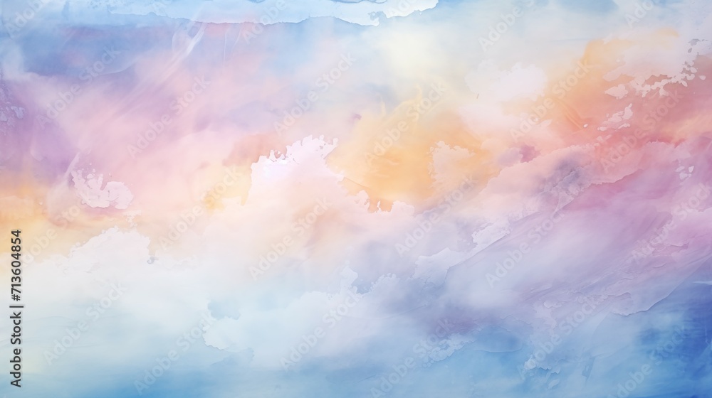 Abstract Blue and Orange Watercolor Cloudscape Painting Texture Background in Ethereal Style with Light Pink and Light Amber