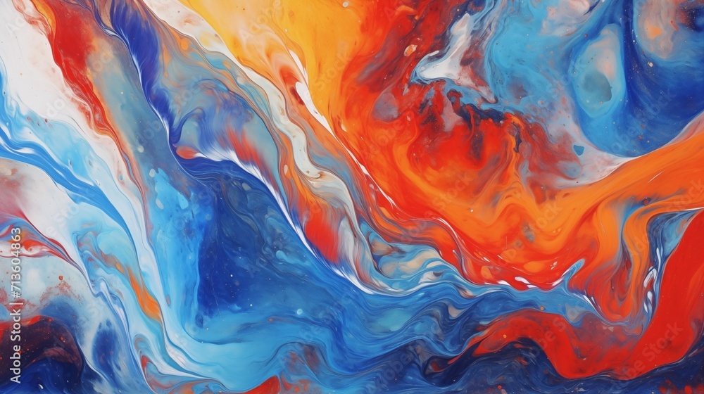 Abstract Blue, Orange, and Yellow Swirls Fluid Acrylics Painting Texture Background with Light Red, Turquoise, White, and Dark Orange Vibrant Acrylic Colors