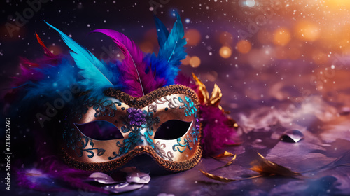 Festive Colorful Masquerade Mask for Carnival. Celebratory Blurred Background with Glitter. Elegant Festival Decor. Holiday Pageant and Mardi Gras Concept. Copyspace, Free Space for Text.
