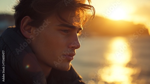 Young boy in deep thoughts at beach in the sunset