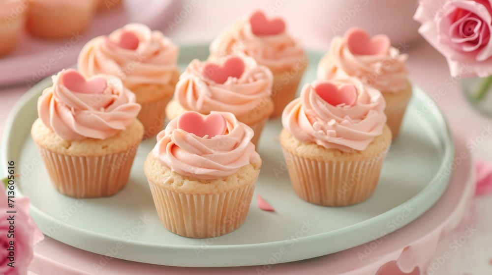 Heart-shaped cupcakes with rose petal frosting, displayed on a pastel-colored dessert platter generative ai