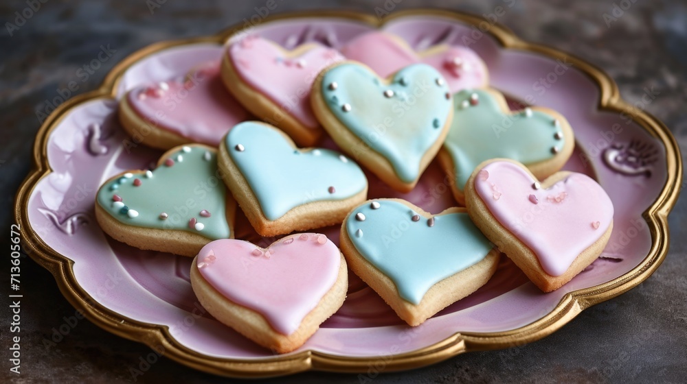 Heart-shaped sugar cookies with pastel-colored icing generative ai Heart-shaped sugar cookies with pastel-colored icing generative ai