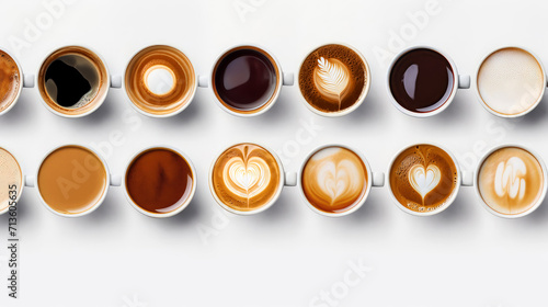 Top view, selection of many different coffees including black, cappuccino, latte on white table, flat lay