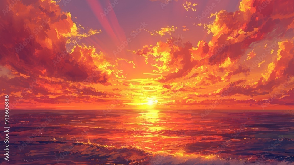 sunset over the ocean, with hues of orange and pink blending in the sky, manga style generative ai