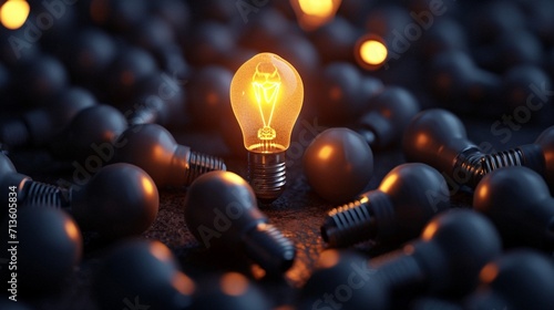 One of Lightbulb glowing among shutdown light bulb in dark area with copy space for creative thinking , problem solving solution and outstanding concept by 3d rendering technique photography photo