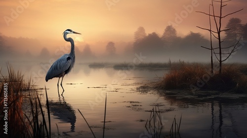 Majestic Heron Exhibiting Graceful Poise in Shallow Waters - AI-Generative