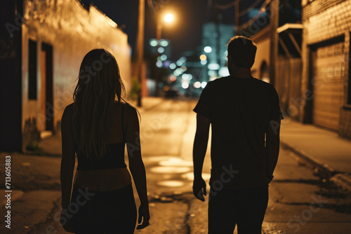 Man following woman in dark street, night, stalking, crime, mugger, scary worry violence, city danger silhouette life footsteps two people girl man, afraid.