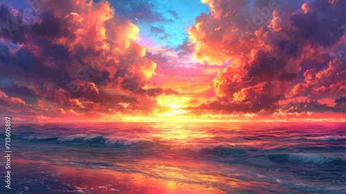 sunset over the ocean, with hues of orange and pink blending in the sky, manga style generative ai © Kelly