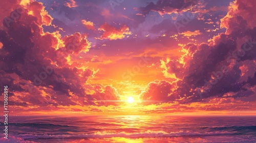 sunset over the ocean, with hues of orange and pink blending in the sky, manga style generative ai © Kelly