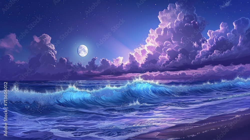 Moonlit beach with crashing waves, framed by manga style clouds generative ai