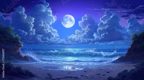 Moonlit beach with crashing waves  framed by manga style clouds generative ai