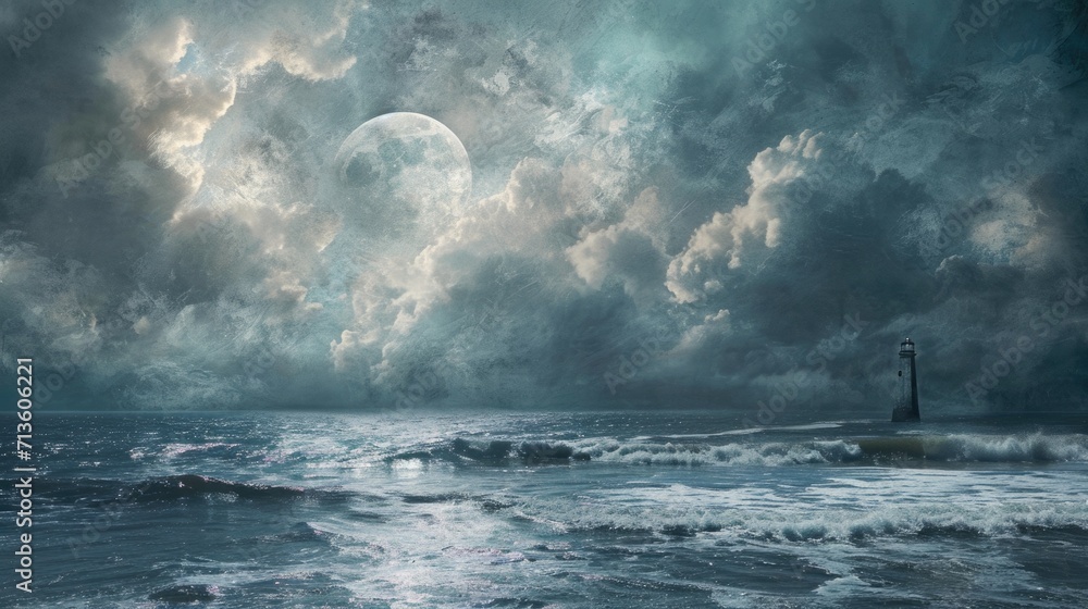 Moonlit seascape with a distant lighthouse, framed by manga-style clouds in shades of silver and blue generative ai