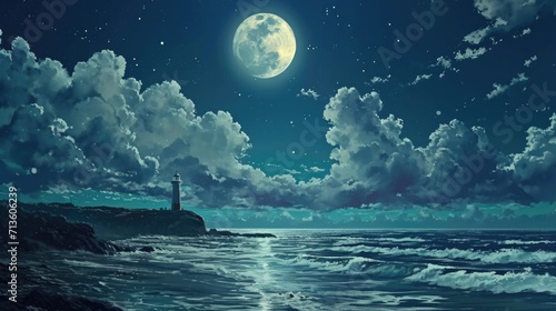Moonlit seascape with a distant lighthouse, framed by manga-style generative ai