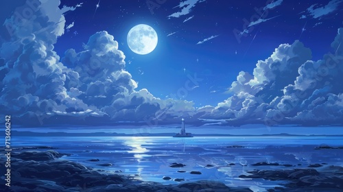 Moonlit seascape with a distant lighthouse, framed by manga-style generative ai