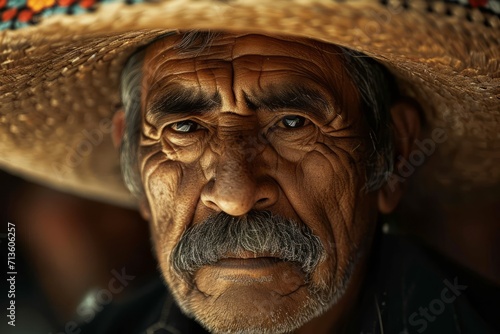 Portrait of Mexican old man close up from history of Mexico realistic detailed photography texture. Mexican man. Horizontal format