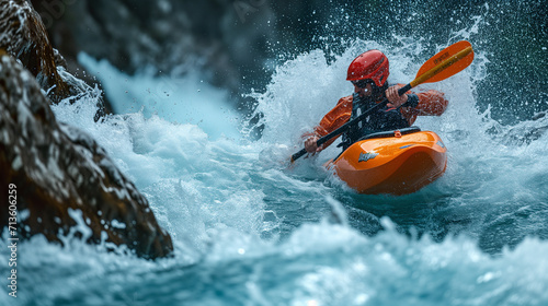 Man Paddling through challenging whitewater © Nelson