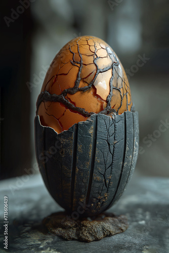 An egg in car tire shell wrapped with roots. 