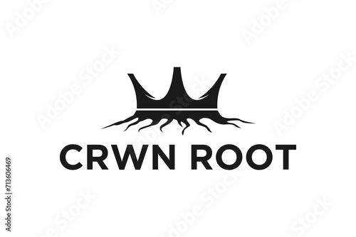 Logo combination of king crown with stump root log icon illustration.