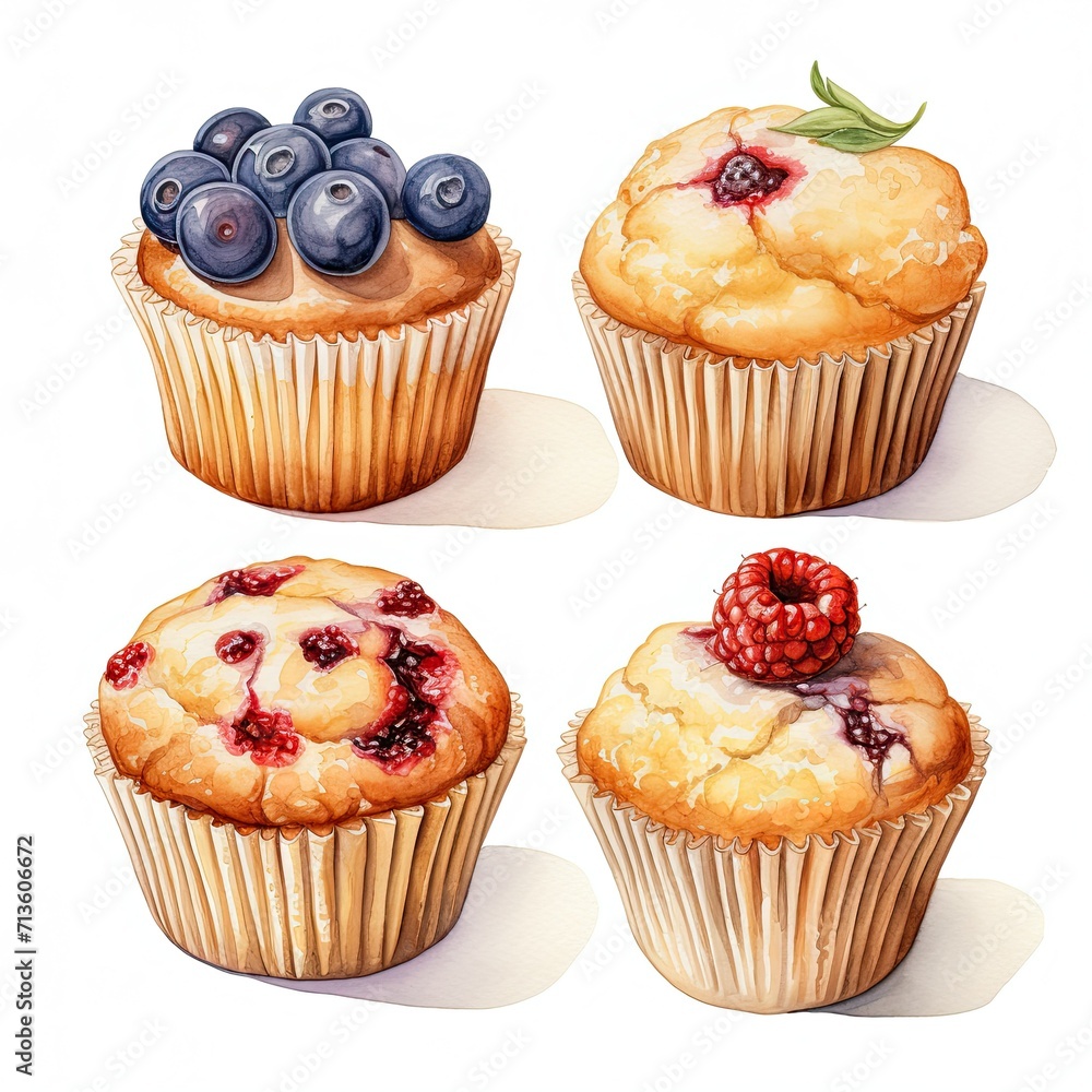 Four different watercolor muffins with berries on white background, dessert illustration