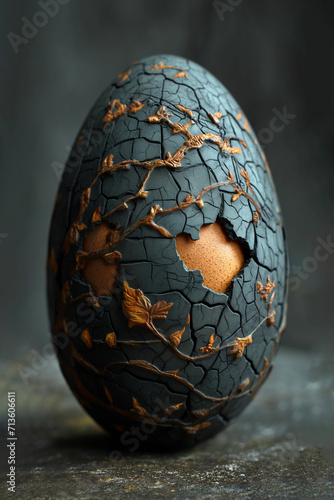 An egg wrapped with black cracked rubber and golden vine. Abstract Easter concept.